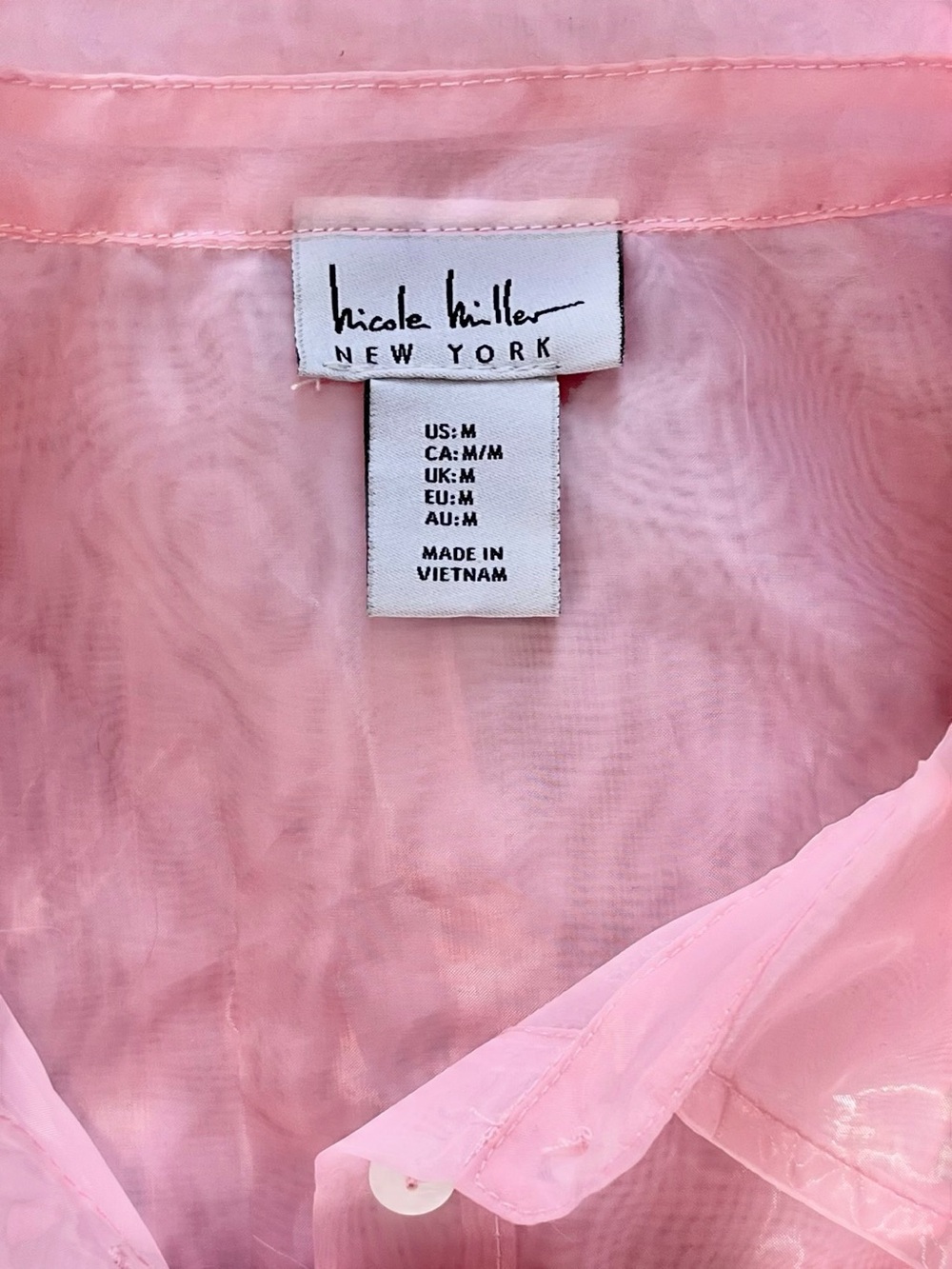 Nicole Miller Pink Sheer Button Down Blouse M Collared Tunic Beach Cover Up - Picture 4 of 7